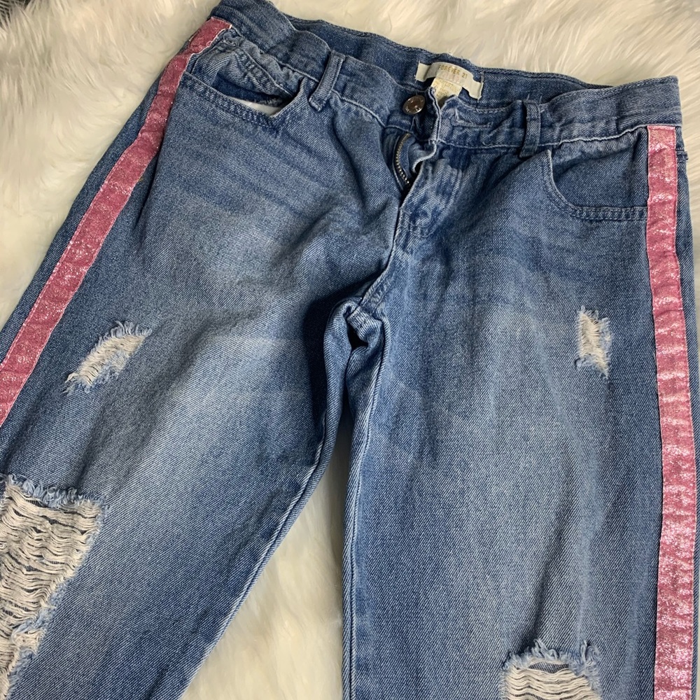 Little girl Mom jeans with pink glitter side